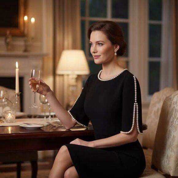 Teri Jon by Rickie Freeman Women's Pearl Trim Black Sheath Dress - Size 14 NWT - Picture 5 of 9